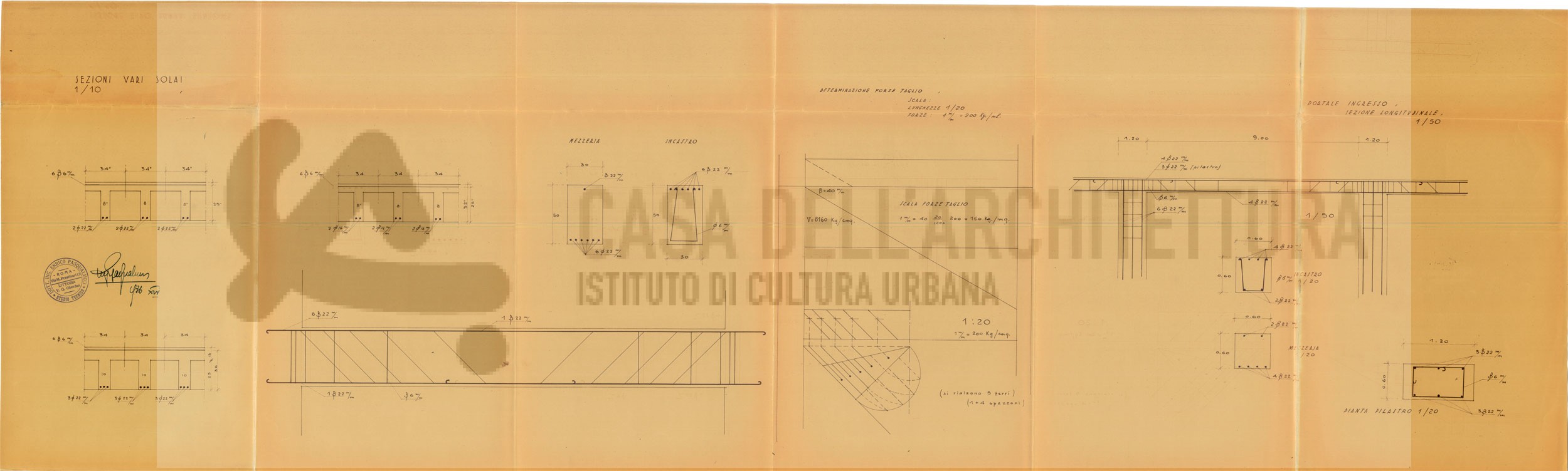 Scopri di più sull'articolo Sezioni vari solai. – 1:10 ; determinazione forze taglio. – 1:20 ; portale ingresso : sezione longitudinale. – 1:50 ; pianta pilastro. – 1:20