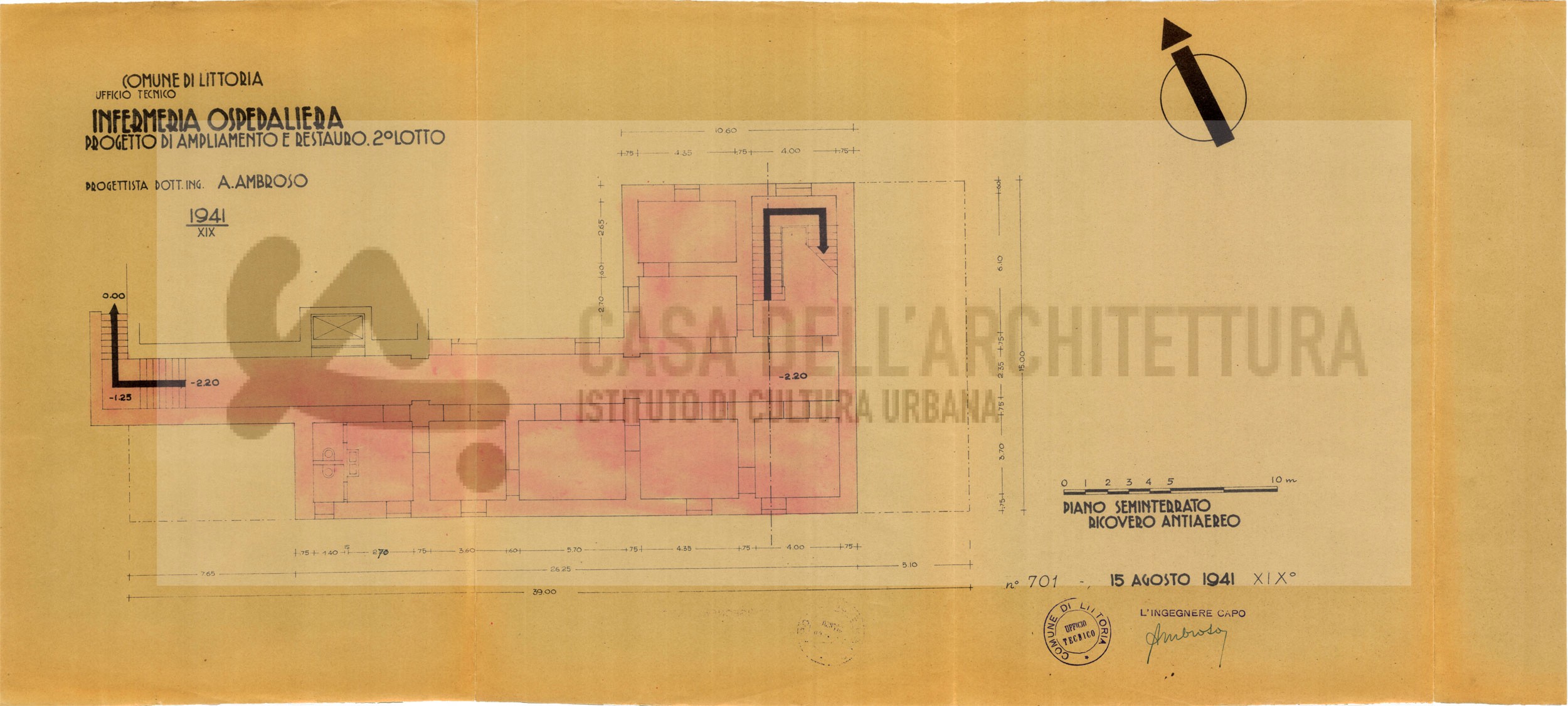 Scopri di più sull'articolo Infermeria ospedaliera : progetto di ampliamento e restauro 2°lotto : piano seminterrato : ricovero antiaereo